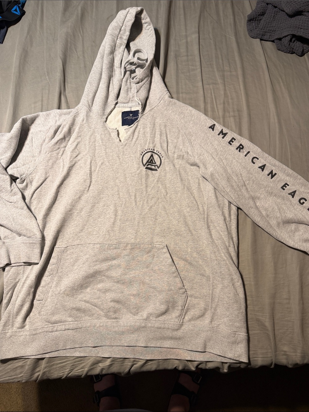 American Eagle Outfitters Heather Gray Pullover Hoodie with Sleeve Logo